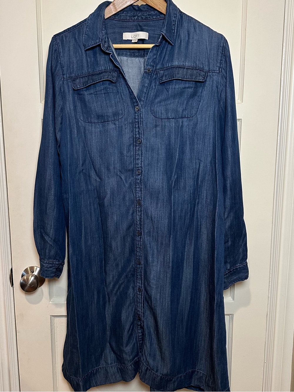 Loft Long Sleeve Button Up Midi Shirt Dress Blue Chambray - Size Medium